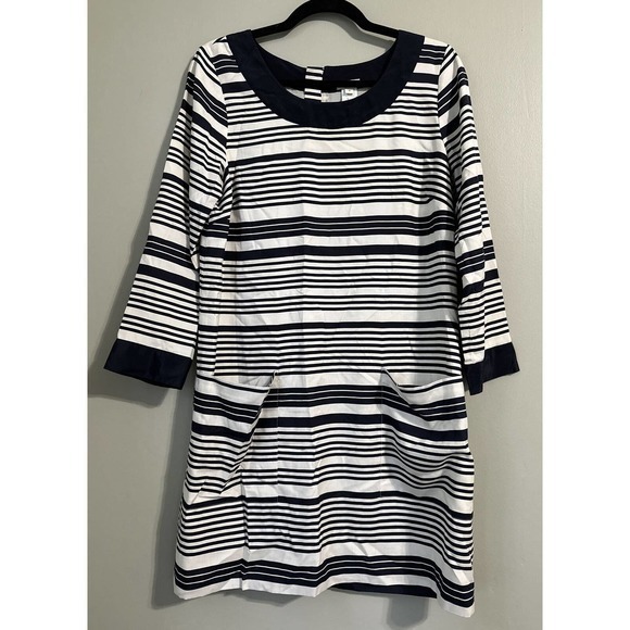 J.Crew Silk Twill Black Beige and Black Stripe Dress W/ Front Pockets, size 8 - Picture 1 of 15